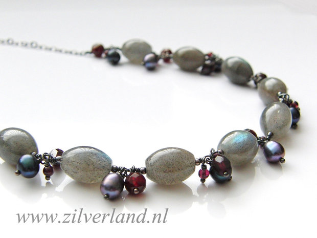 Edelstenen Ketting en Oorbellen met Labradoriet, Granaat en Zoetwaterparels