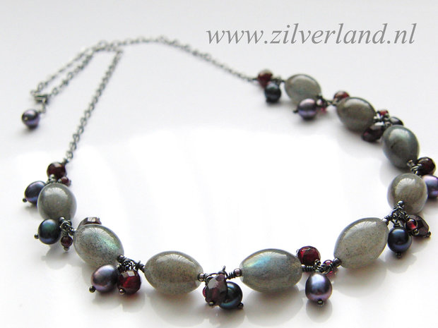 Edelstenen Ketting en Oorbellen met Labradoriet, Granaat en Zoetwaterparels