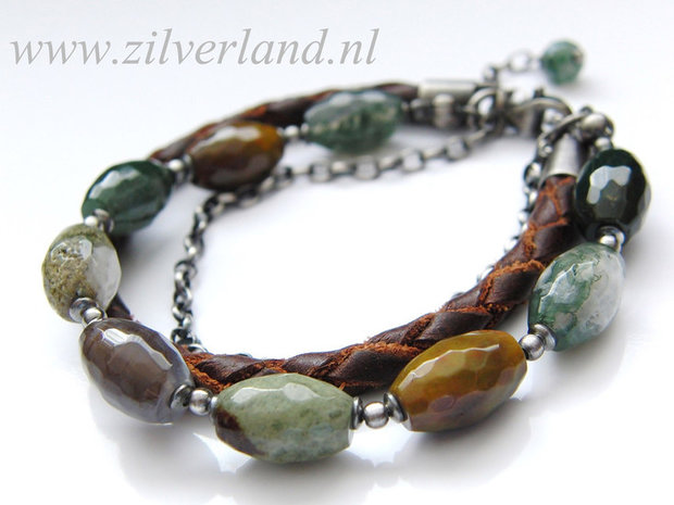 -Zilveren Edelstenen Armband "Agaat in Leder"