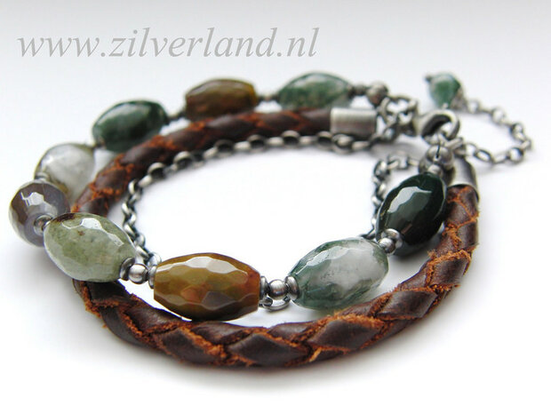 -Zilveren Edelstenen Armband "Agaat in Leder"