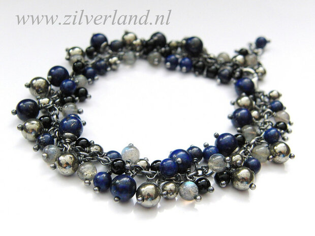 Zilveren Armband met Lapis Lazuli, Pyriet, Labradoriet en Onyx