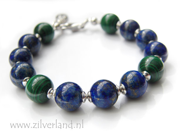 Handgemaakte Zilveren Armband met Lapis Lazuli & Malachiet- Gerhodineerd