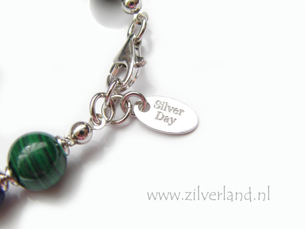 Handgemaakte Zilveren Armband met Lapis Lazuli & Malachiet- Gerhodineerd