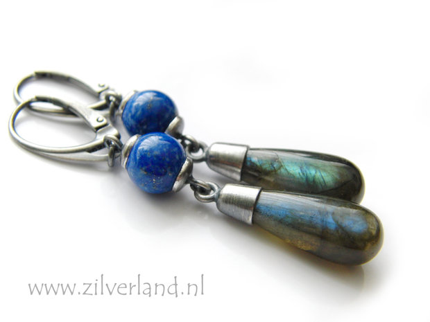 Handgemaakte Zilveren Oorbellen met Labradoriet en Lapis Lazuli