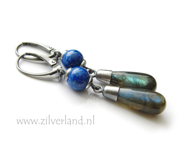 Handgemaakte Zilveren Oorbellen met Labradoriet en Lapis Lazuli