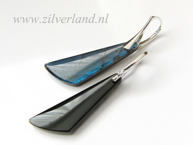 Sterling Zilveren Oorbellen met Labradoriet en Obsidiaan