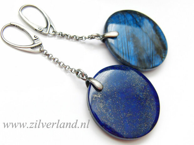 Gereserveerd- Zilveren Oorbellen met Labradoriet en Lapis Lazuli