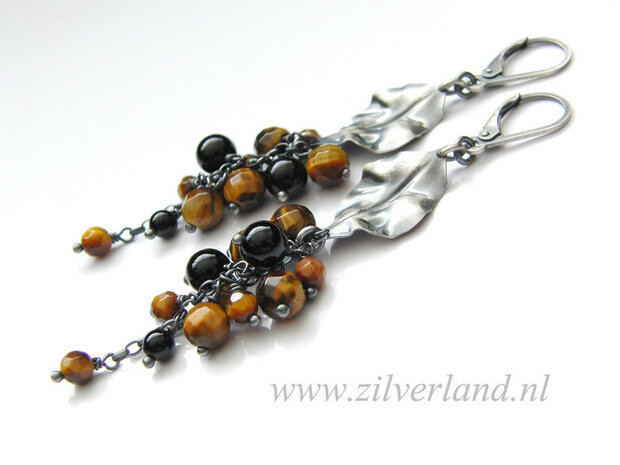 Edelstenen Zilveren Oorbellen met Tijgeroog en Onyx