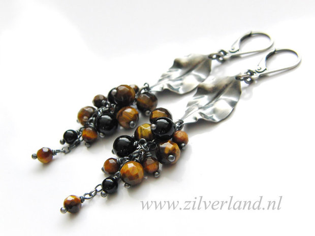 Edelstenen Zilveren Oorbellen met Tijgeroog en Onyx