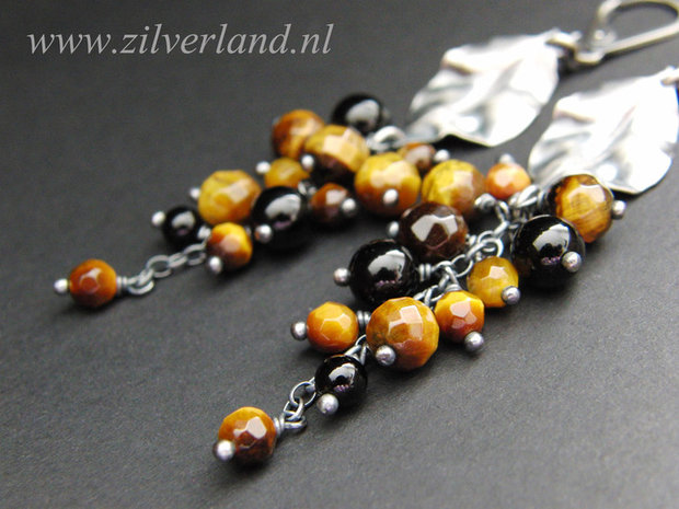 Edelstenen Zilveren Oorbellen met Tijgeroog en Onyx