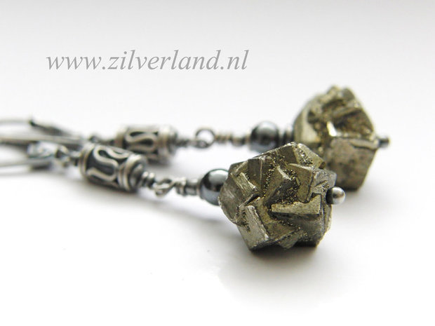 Edelstenen Oorbellen met Ruwe Pyriet en Hematiet