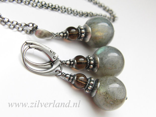 -Sieraden Set- Sterling Zilveren Oorbellen en Ketting met Labradoriet