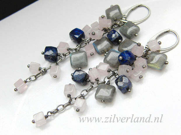 Edelstenen Zilveren Oorbellen met Labradoriet, Lapis Lazuli en Rozenkwarts