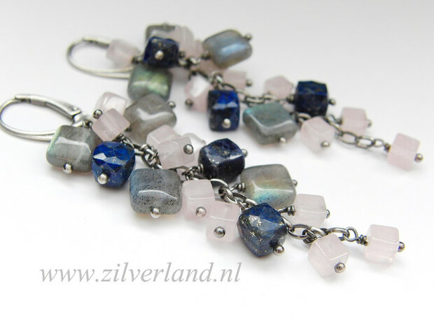 Edelstenen Zilveren Oorbellen met Labradoriet, Lapis Lazuli en Rozenkwarts