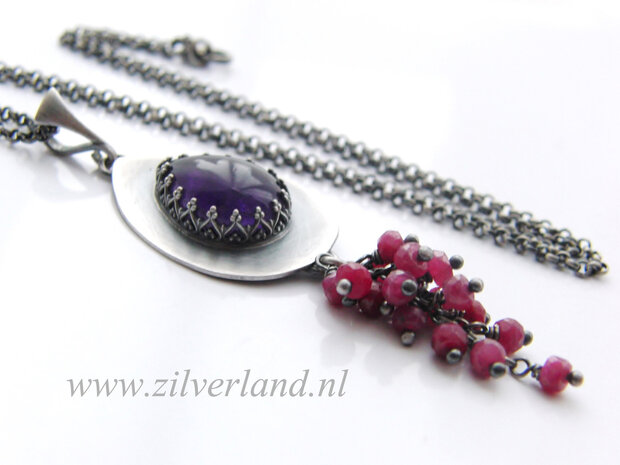 -Handgemaakte Zilveren Hanger met Amethist en Robijnen
