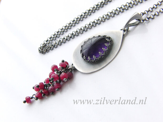 -Handgemaakte Zilveren Hanger met Amethist en Robijnen