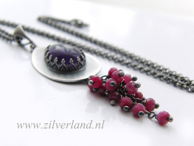 -Handgemaakte Zilveren Hanger met Amethist en Robijnen
