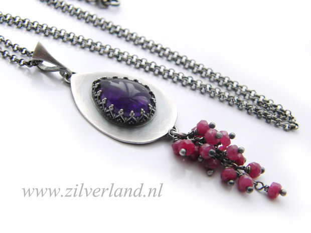 -Handgemaakte Zilveren Hanger met Amethist en Robijnen