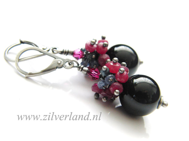 -Edelstenen Oorbellen met Onyx, Robijn en Saffier