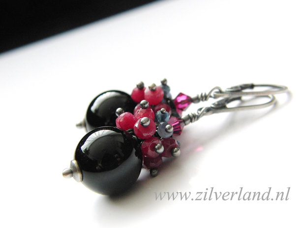 -Edelstenen Oorbellen met Onyx, Robijn en Saffier