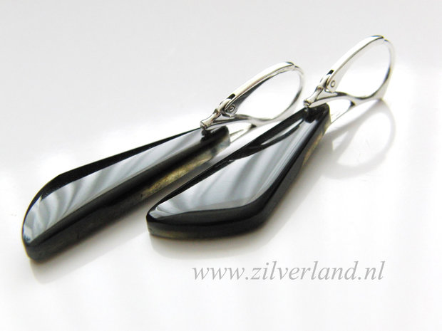 -Sterling Zilveren Oorbellen met Labradoriet en Obsidiaan