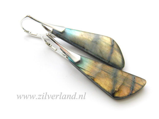 -Sterling Zilveren Oorbellen met Labradoriet en Obsidiaan