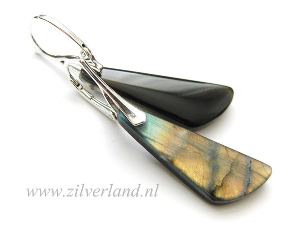 -Sterling Zilveren Oorbellen met Labradoriet en Obsidiaan