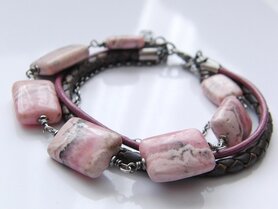 Zilveren Armband "Rhodochrosiet in Leder"