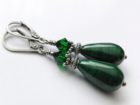 Zilveren Oorbellen met Malachiet en Swarovski 	