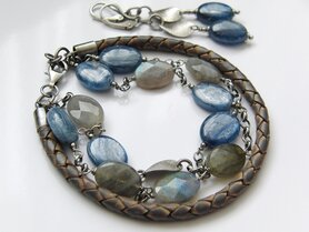 Sieraden Set; Oorbellen en Armband "Kyaniet en Labradoriet in Leder"