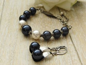 Zilveren Sieraden Set; Armband en Oorbellen met Parels "Night Blue"