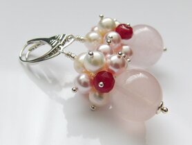 Zilveren Edelstenen Oorbellen met Rozenkwarts en Parels