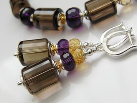 Zilveren Edelstenen Oorbellen met Rookkwarts, Citrien en Amethist