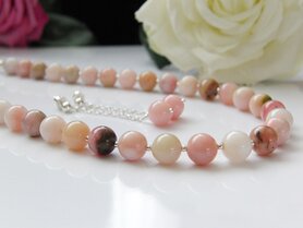Edelstenen Sieraden Set- Ketting en Oorbellen met Roze Opaal