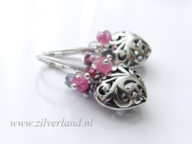 -Sterling Zilveren Oorbellen met Saffier, Ioliet en Granaat