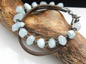 Zilveren Edelstenen Armband "Aquamarijn in Leder"