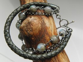 Zilveren Armband met Edelstenen "Labradoriet in Leder"