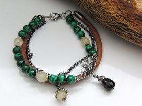 Armband met Edelstenen en Leerkoord "Malachiet Cirkels"