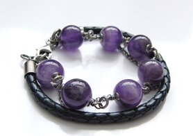 Zilveren Edelstenen Armband "Amethist in Leder"