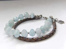 Zilveren Edelstenen Armband "Aquamarijn in Leder"