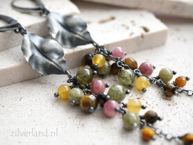 Handgemaakte Edelsteen Oorbellen met Tijgeroog, Granaat, Barnsteen & Toermalijn.