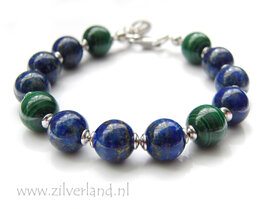 Handgemaakte Zilveren Armband met Lapis Lazuli & Malachiet- Gerhodineerd