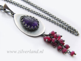 -Handgemaakte Zilveren Hanger met Amethist en Robijnen
